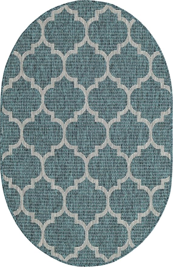 Unique Loom Outdoor Trellis Collection Area Rug (3' 3" x 5' 3" Oval, Teal/ Gray)