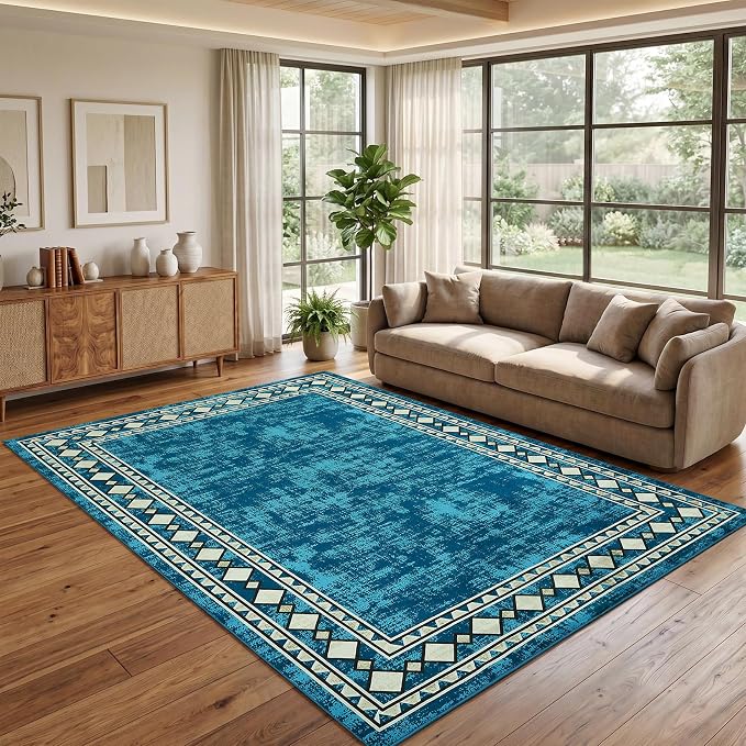 Garvee 5x7 Area Rugs Vintage Border Washable Rugs Living Room, Teal | Boho Area Rug Stain Resistant Easy Cleaning Throw Rugs Non Shedding Low Pile Floor Cover for Nursery Dining Room