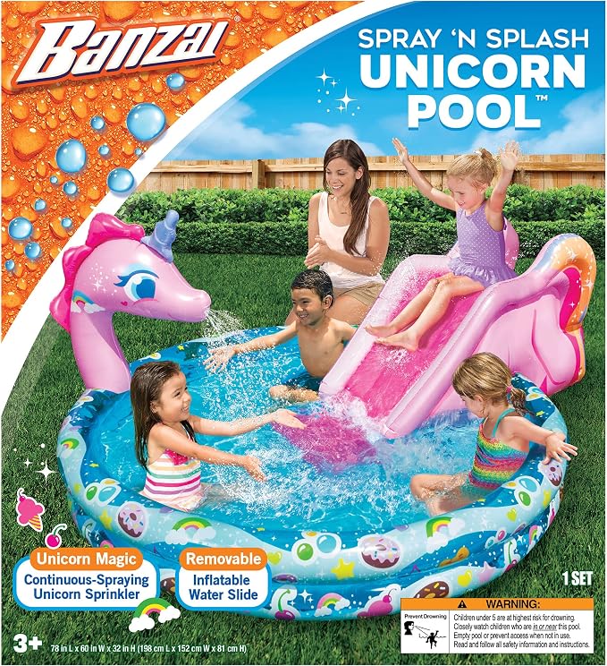 BANZAI Spray 'N Splash Unicorn Pool, Length: 78 in, Width: 60 in, Height: 32 in, Inflatable Outdoor Backyard Water Slide Splash Toy