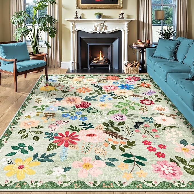 PLHXFR Area Rug 10x12 Living Room: Floral Washable Boho Soft Carpet Green | For Bedroom Dining Room Farmhouse Nursery Hallway,Vintage Floral,Machine washable,Non Slip,Stain Resistant,Large Indoor
