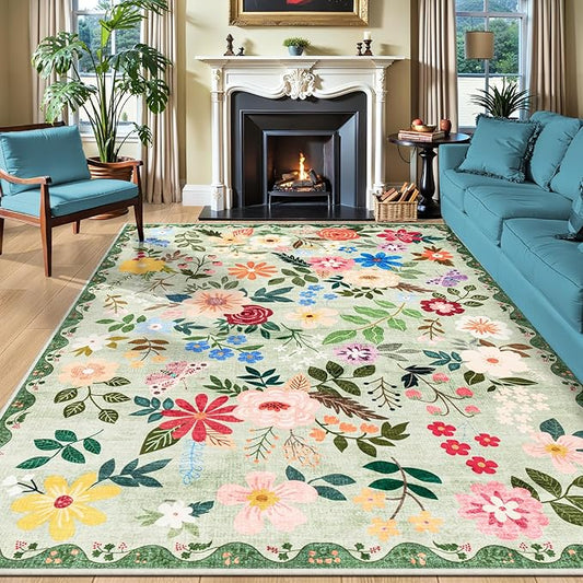 PLHXFR Area Rug 10x12 Living Room: Floral Washable Boho Soft Carpet Green | For Bedroom Dining Room Farmhouse Nursery Hallway,Vintage Floral,Machine washable,Non Slip,Stain Resistant,Large Indoor