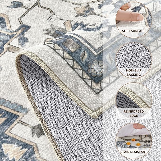 Vintage Washable 9x12 Area Rug for Living Room, Vintage Blue | Soft Low Pile Rug with Non-Slip Backing, Stain Resistant for Bedroom or Dining Room, Kid & Pet Friendly