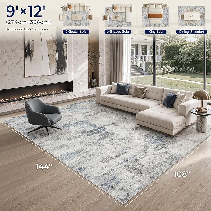 DMOYEST 9x12 Area Rug for Living Room Washable Abstract Indoor Carpet | Neutral Modern Low Pile Rugs Kid & Pet Friendly Large Soft Thin Carpet for Bedroom Dining Room - Grey Blue