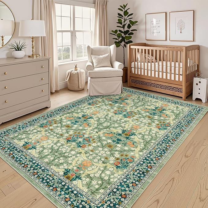 GarveeHome Sage Green Floral 5x7 Washable Area Rug for Living Room Bedroom | Vintage Low-Pile Non-Slip Carpet Soft Stain Resistant Rugs for Large Room Botanical Boho Rug TPE Backing