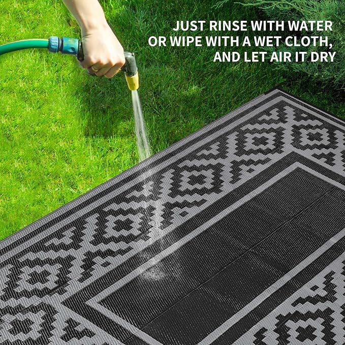 Outdoor Patio Plastic Straw Rug - 5x8 ft Outdoor Camping Rug Waterproof Reversible, Area Carpet Patios Clearance RV, Outside Porch Balcony Deck for Camper, Stripe Black Grey