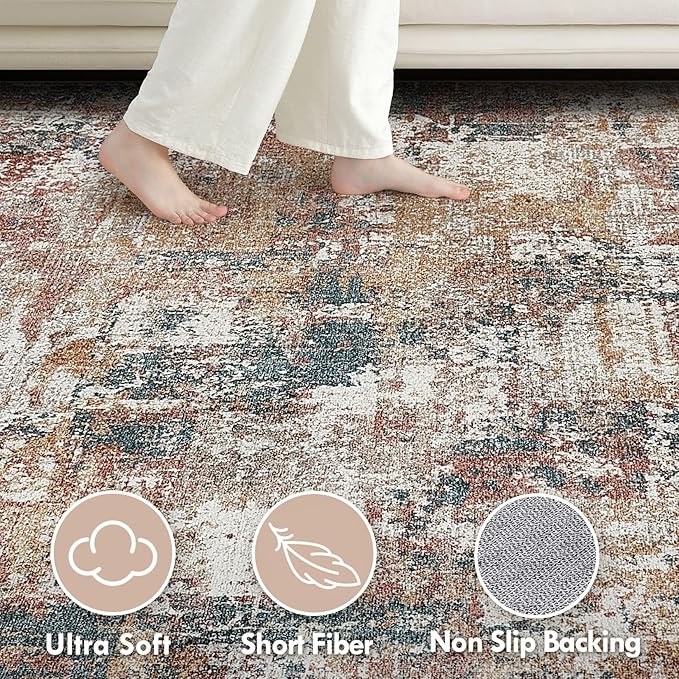 Tortania Washable 5x7 Area Rug for Living Room: Modern Abstract Neutral Large Soft Thin Rugs - Non Slip Indoor Carpet for Bedroom Dining Room Office Nursery Home Floor Decoration - Colorful Multi