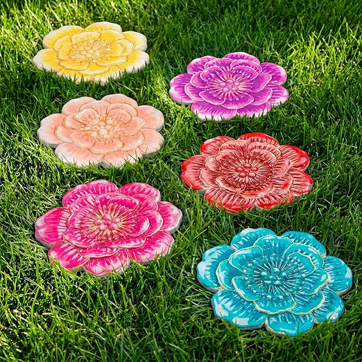Landical 6 Pack Decorative Stepping Stones for Garden 10 Inch Cement Flower Stepping Stones Decoration for Patio Walkway Yard Outdoor(Camellia)