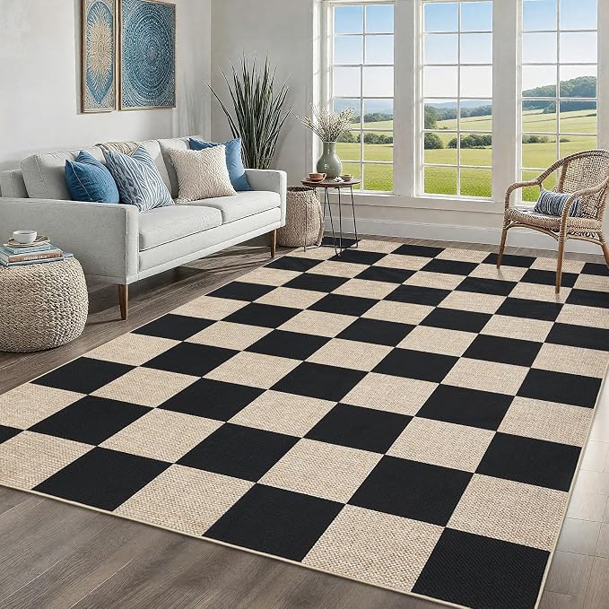 Garvee 6x9 Rugs for Living Room Washable Rug Easy Jute Rugs，Black/Beige | Modern Checkered Rugs for Bedroom Nursery Rug Non Slip Throw Carpet Stain Resistant Soft Touch Floor Cover for Dining Room