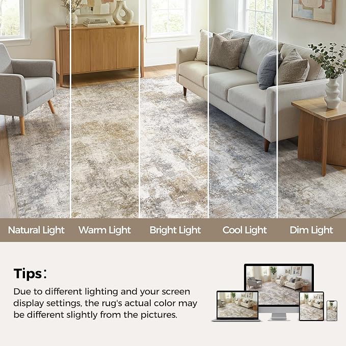 6Ft Round Area Rug Washable Abstract Rugs for Living Room Light Brown/Grey | for Bedroom, Dining Room, Office, Nursery, Soft Neutral, Low Pile Non-Slip, Kid Pet Friendly, Large Indoor Carpet, Home Decor