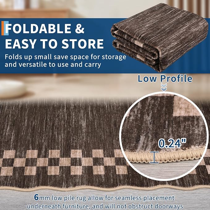GarveeHome Scalloped Washable Rug 9x12 Area Rug for Living Room Bedroom | Modern Border Large Throw Carpet with Rubber Backing Stain Resistant Rugs for Dining Room Home Decor Office, Brown