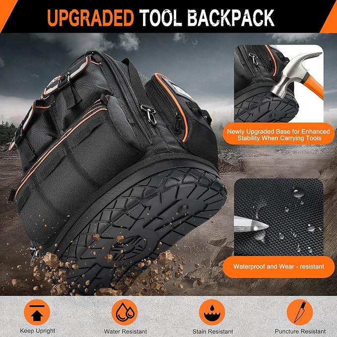 Tool Backpack with 2 Small Tool Bags – LOKASS Heavy Duty Backpack Tool Bag with Molded Base,1680D Tool Organizer with Laptop Compartment & Combination Lock, Water-Resistant Electrician & HVAC Tool Bag