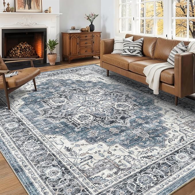 6x9 Area Rug for Living Room Soft Washable Vintage Area Rug | Non-Slip, Retro Print, Low Pile, Stain Resistant, Soft Washable Blue Carpet, for Bedroom, Dining Room, Nursery, Home Office