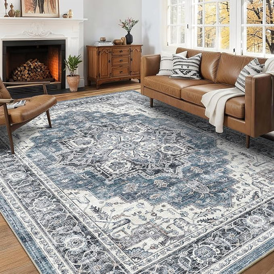 6x9 Area Rug for Living Room Soft Washable Vintage Area Rug | Non-Slip, Retro Print, Low Pile, Stain Resistant, Soft Washable Blue Carpet, for Bedroom, Dining Room, Nursery, Home Office