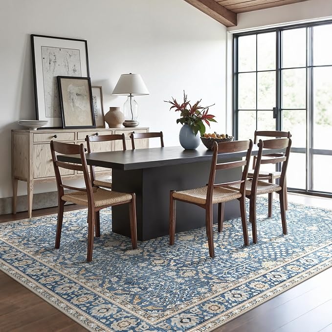 Washable Rugs 8x10 for Living Room, Low Pile, Lake Blue | Vintage Distressed Design Area Rug, Spill Resistant Lightweight Non-Shedding Carpet for Bedroom, Dining Room, Office