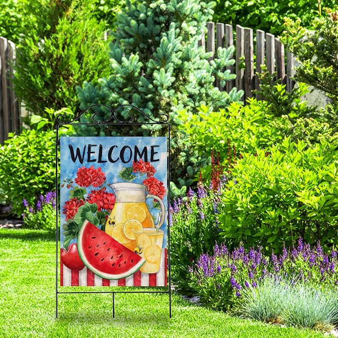 Furiaz Welcome Summer Watermelon Lemon Juice Large Decorative House Flag, Lemonade Geranium Flowers Garden Yard Outside Decorations Burlap Outdoor Decor Double Sided 28 x 40