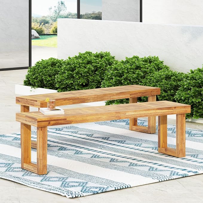 Merax Acacia Wood Outdoor Bench Set of 2, Backless Garden Bench Rustic Patio Dining Seats, Slat Panel Design, Weatherproof, 60" Long, Bear 300lbs, Natural