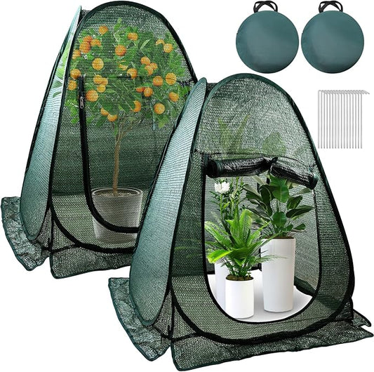 2 PCS Pop up Plant Cover Tent for Outdoor Plants, Large Plant Shade Tent 80% UV Resisitant Sunblock Shade Cloth Net Zipper Door Garden Pest Guard Plants Sun Protection with Stakes, 28 x 28 x 32 Inch