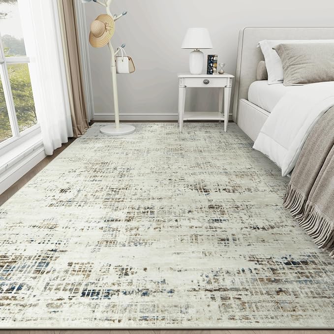 9x12 Washable Area Rug for Living Room Bedroom: Non-Slip Modern Gray White | Machine Washable TPR Backing, Stain-Resistant Low Pile, Pet & Kid Friendly, Abstract Decor for Dining Room, Dorm, Home Office