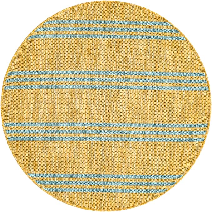 Unique Loom Outdoor Collection Area Rug - Anguilla (3' 3' Round, Yellow and Aqua/Light Blue)