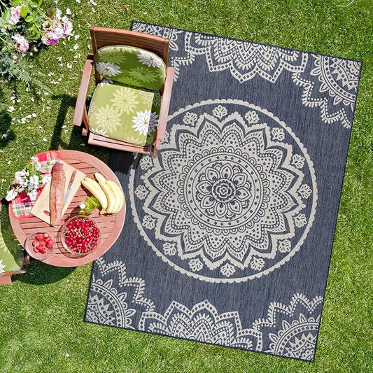 CAMILSON Outdoor Rug 8x10 Modern Area Rugs for Indoor and Outdoor Patios and Porches - Waterproof, Washable, Non-Shedding, Easy-to-Clean Outside Carpet (8 x 10, Medallion - Blue/White)