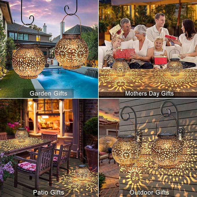 Go2garden Gifts 2Pack Solar Lanterns Outdoor Waterproof Mothers Day Gifts for Mom Moon Star Sun Solar Lights for Balcony, Yard,Birthday Gifts for Women Grandma Wife (Bronze)