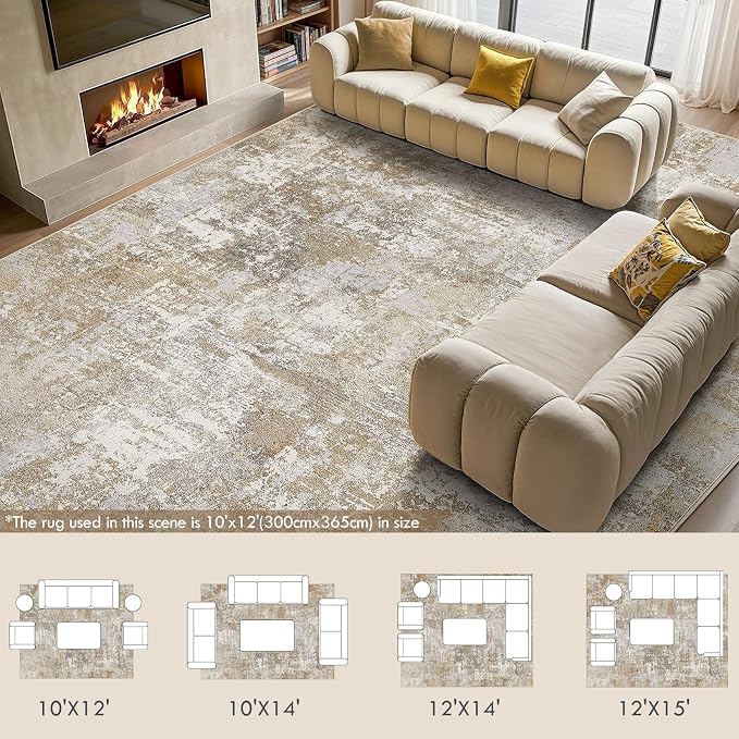 Tortania Washable 10x12 Area Rug for Living Room: Modern Abstract Neutral Large Soft Thin Rugs - Non Slip Indoor Carpet for Bedroom Dining Room Office Nursery Home Floor Decoration - Brown Grey