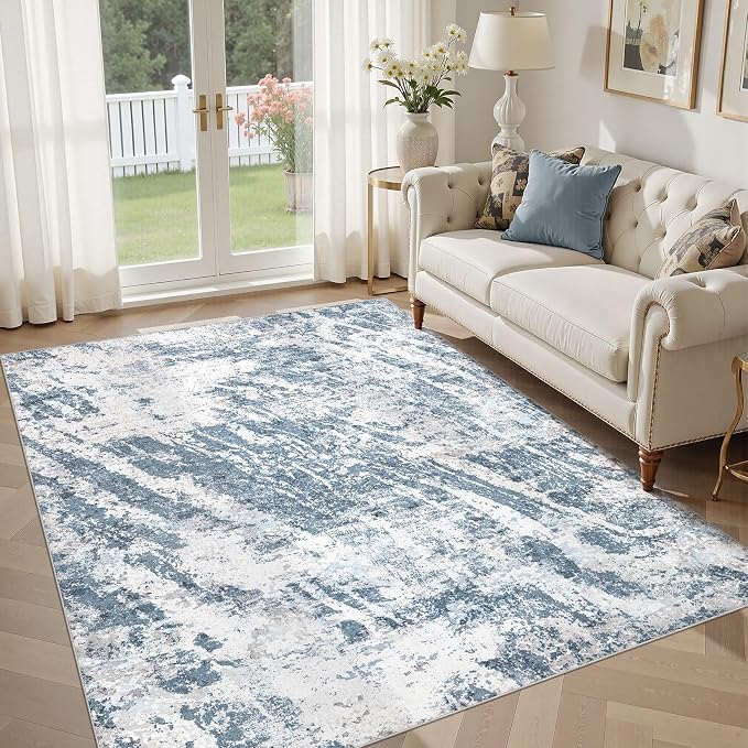 DMOYEST 6x9 Area Rug for Living Room Washable Abstract Indoor Carpet | Neutral Modern Low Pile Rugs Kid & Pet Friendly Soft Thin Carpet for Bedroom Dining Room and Office - Blue Light