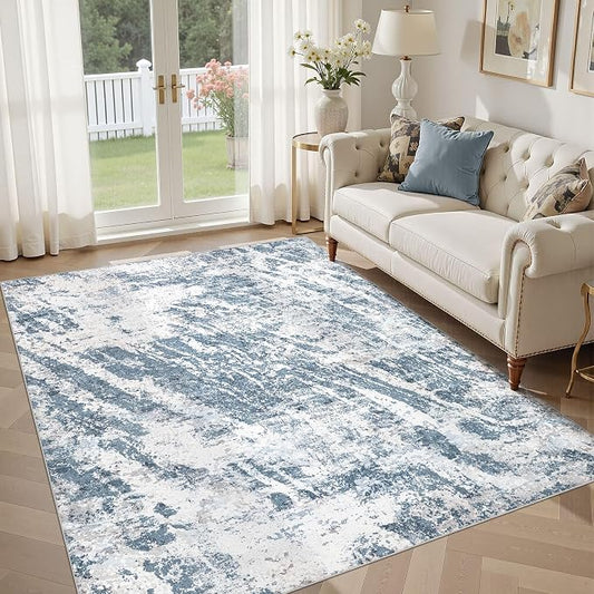 DMOYEST 5x7 Area Rug for Living Room Washable Abstract Indoor Carpet | Neutral Modern Low Pile Rugs Kid & Pet Friendly Large Soft Thin Carpet for Bedroom Dining Room and Office - Blue Light