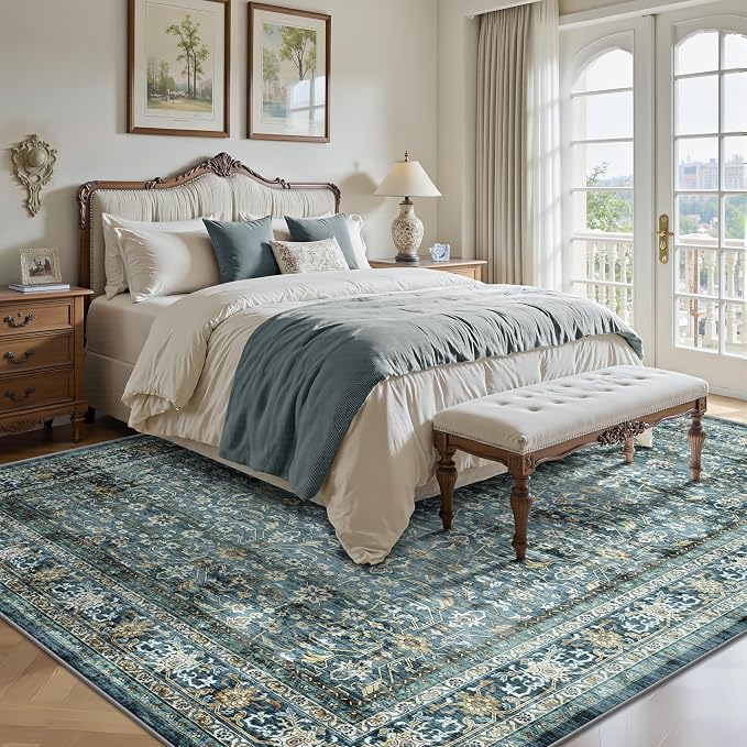 8x10 Area Rugs for Living Room - Washable Vintage Retro Large Rug, Soft Ultra Thin Non Slip Low Pile Traditional Distressed Boho Carpet for Bedroom Dining Room Home Office, Blue