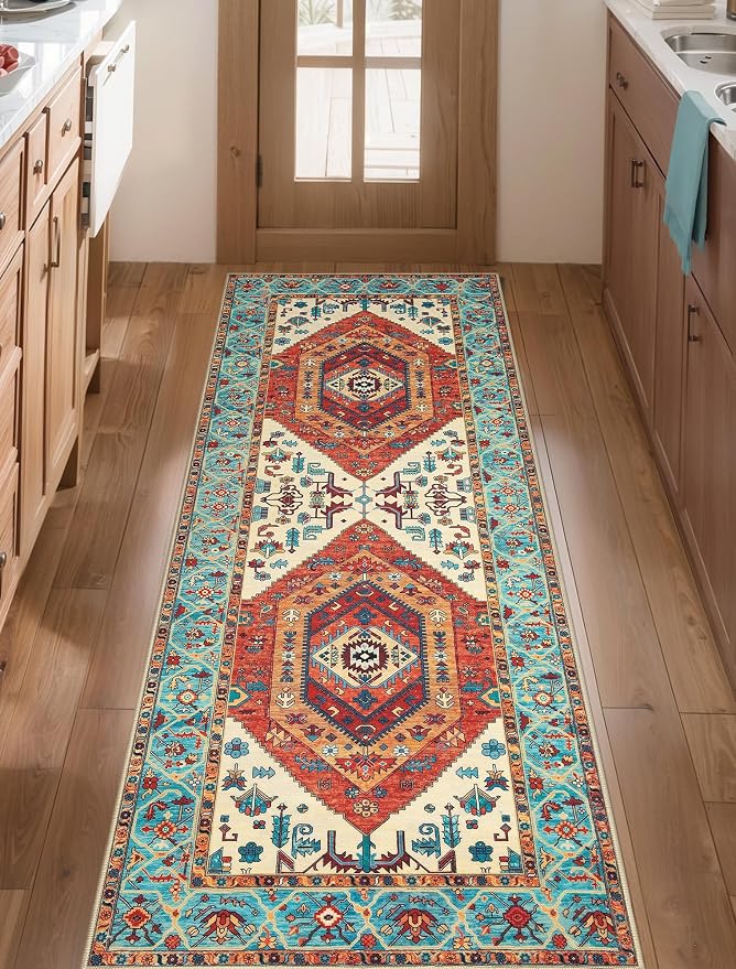 SERISSA 2x5 Washable Non Slip Boho Runner Rug for Hallway，Orange | Ultra Soft Vintage Oriental Carpet Low-Pile Distressed Tribal Floor Carpet for Kitchen Bedroom Bathroom Laundry Living Room
