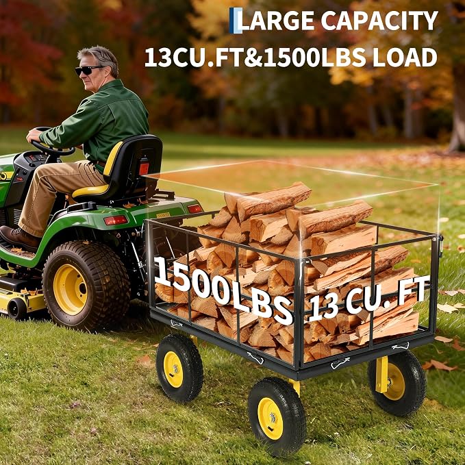 Garvee 1500 LB Heavy Duty Garden Wagon Cart, Outdoor Metal Utility Trailer | 13 in All Terrain Tires, 3-in-1 Yard Wagon Cart with Removable Side Panels for Outdoor Lawn, Yard, Backyard