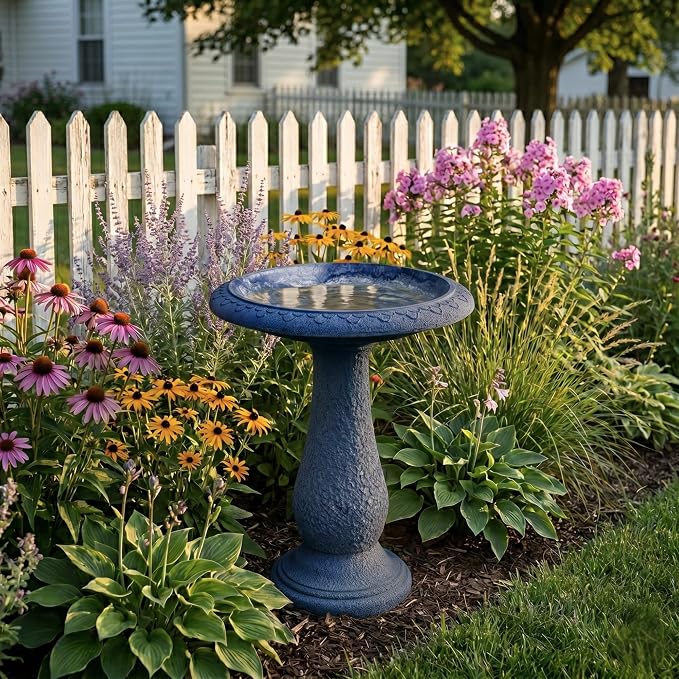 Pedestal Bird Bath Bowl 23 Inch Sea Blue - Stone-Resin Composite Bird Baths for Outdoors - Decorative Standing Outdoor Garden Decor for Front Porch Patio Yard Backyard Lawn Ornament