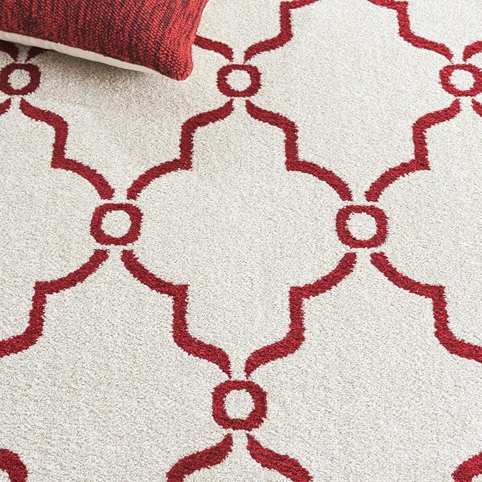 SAFAVIEH Amherst Collection Area Rug - 9' x 12', Ivory & Red, Trellis Design, Non-Shedding & Easy Care, Ideal for High Traffic Areas in Living Room, Bedroom (AMT414H)