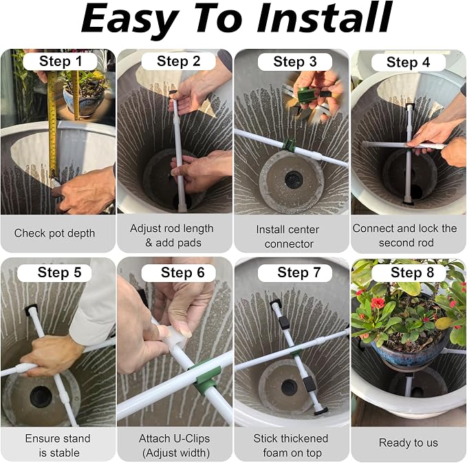 Adjustable Planter Inserts with Dual Telescopic Rods & Cross Connector, Upgraded Adjustable Plant Stand Insert with U-Shaped Clips, Heavy-Duty Plant Lifters for Inside Pots(2, White)