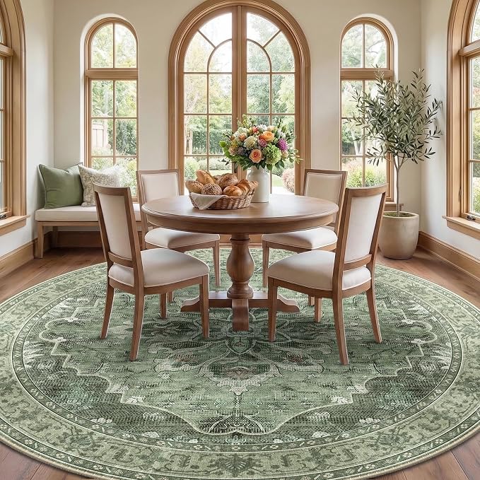 RELEANY Washable Area Rug, Round 10ft, Green/Dark Green/Gray | Non-Slip, Water Repellent, Pet Friendly, Easy to Clean, Vintage Floral Boho Decor for Living Room Bedroom Dining Room