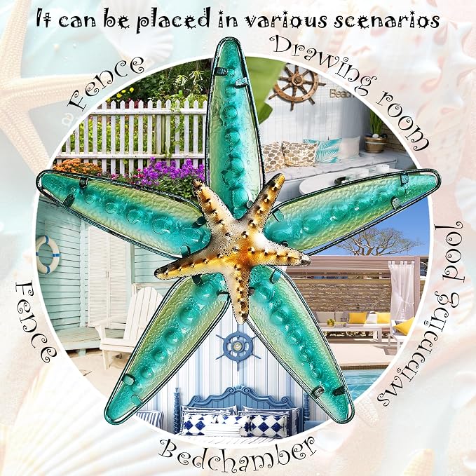 JOYBEE HOME&GARDEN Metal Starfish Wall Decor, Sea Life Coastal Decorations 13.25 inch Starfish Wall Art(Blue)