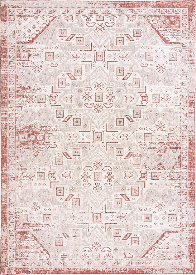 Unique Loom Outdoor Aztec Collection Area Rug - Coba (10' x 14' 1" Rectangle, Rust Red/ Ivory)