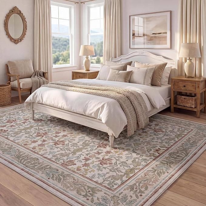 GarveeHome Washable 5x7 Area Rugs for Living Room Bedroom Beige Pink | Boho Vintage Non Slip Soft Low Pile Stain Resistant Indoor Carpet for Farmhouse Dining Room Nursery Home Office