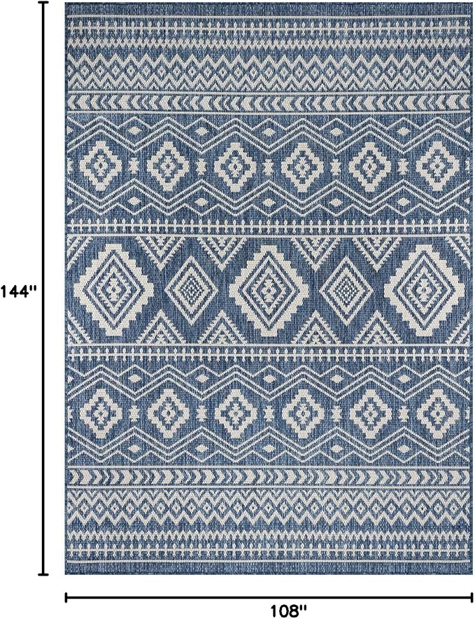 Beverly Rug Waikiki Boho Indoor Outdoor Rug 9x12, Washable Outside Carpet for Patio, Deck, Porch, Bohemian Area Rug, Farmhouse Rugs, Aztec Tribal Rug, Azure and White