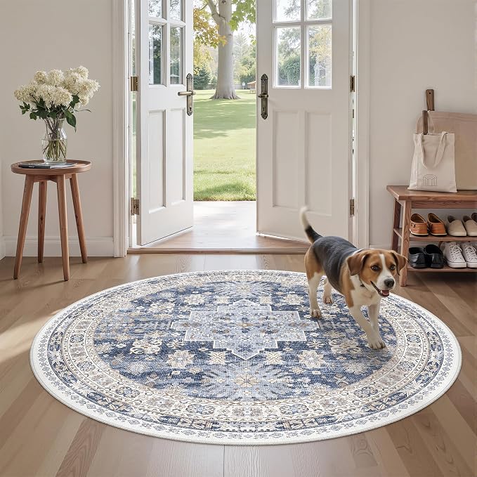 Round Rug 5ft,Circle Rug for Dining Room Table,Blue | Washable Rugs for Kitchen,Entryway,Bedroom,Dining Room,Nursery Room,Thin,Soft Runner Rug,Stain Resistant Indoor Carpet