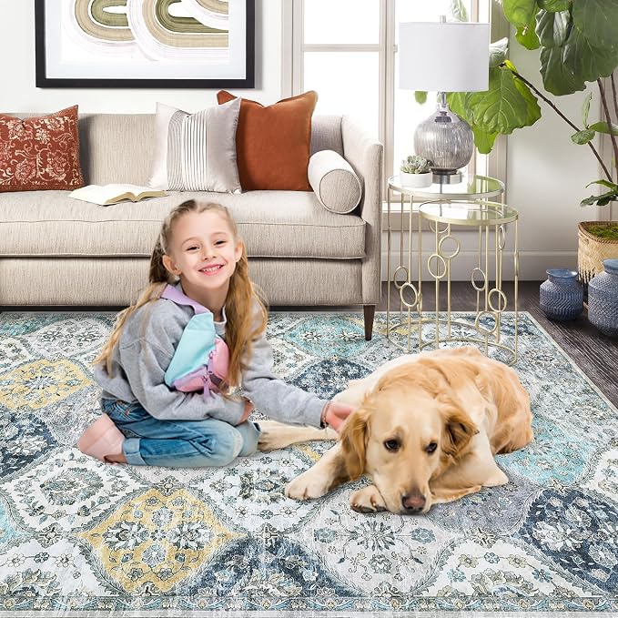 ROYHOME Washable Round Rug 5ft Moroccan Washable Area Rug, Blue/Yellow | Stain Resistant Non-Slip Circle Rug Vintage Distressed Round Throw Carpet for Living Room Bedroom Kids Room Playroom
