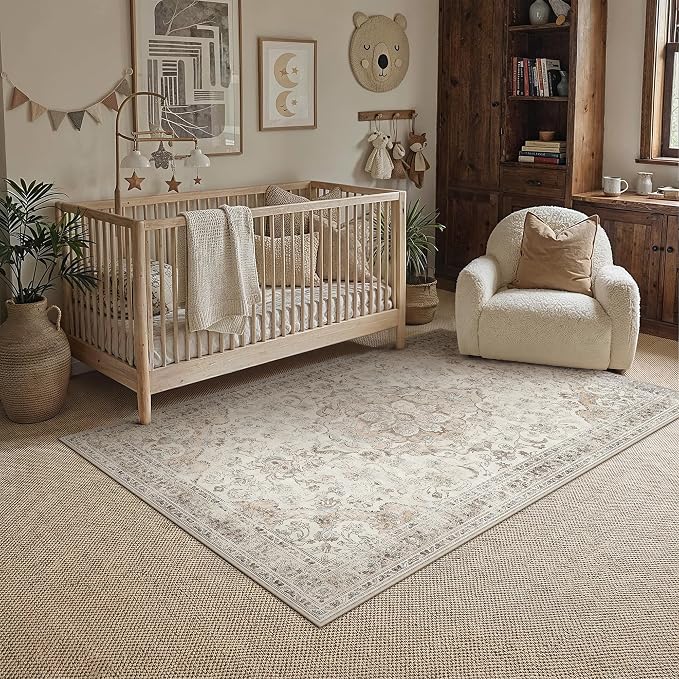 Beige Area Rug 4x6 Living Room Vintage Floral Non-Slip Carpet | Machine Washable, Soft, Low Pile, for Bedroom, Dining Room, Kids Room, Nursery, Office, Retro Neutral Decor