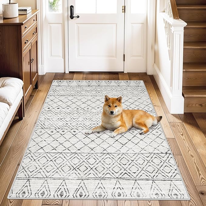 Moroccan 3x4 Washable Area Rug:Non Slip Rug for Entryway Geometric Grey | Modern Soft Texture, Stain Resistant , Easy to Clean, Fits Living Room, Bedroom, Dining Room , Pet Family Friendly