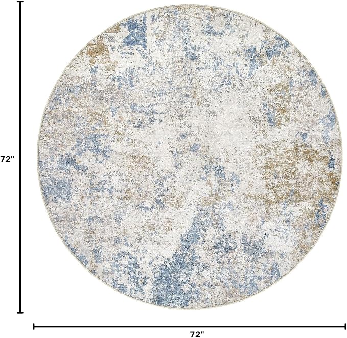 Nakagishi 6X6 Abstract Washable Area Rugs for Living Room-Blue Brown | Modern Non-Slip Silicone Backing Low Pile Soft Carpet for Bedroom Dining Decor Ideal for Families with Kids and Pets