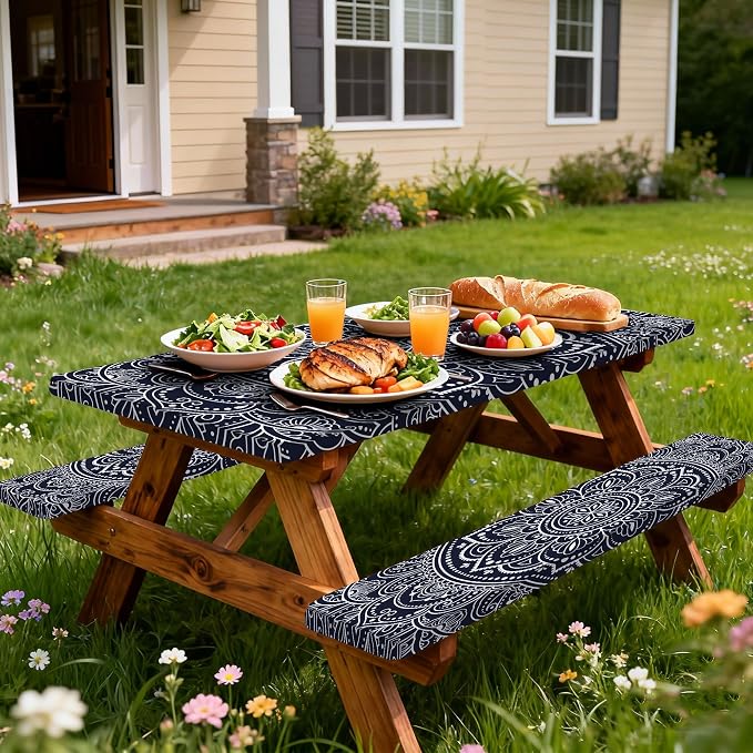 Picnic Table Cover with Bench Covers 6FT 3PCS, Camping Essentials, Rectangle Fitted Camping Tablecloth Waterproof with Elastic Edge for Indoor Outdoor Patio, 60in, Black and White