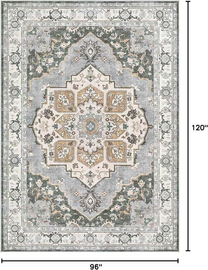 8x10 Washable Area Rug: Vintage Neutral Soft Non Slip Thin Large Floor Carpet for Living Room Bedroom Kitchen Dining Room Home Office Farmhouse Indoor - Green