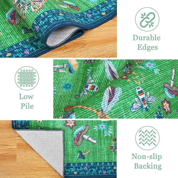 ROYHOME Mushroom Insect 3x5 Area Rug for Nursery Bedroom Blue Green | Playroom Entryway Doormat Washable Bug Moth Cute Funky Cottage Core Whimsical Boy Rugs Low-Pile Non-Slip TPE Backing