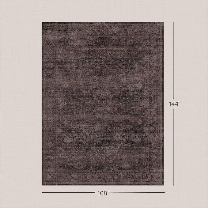 Farmhouse 9x12 Dark Taupe Brown Large Area Rugs for Living Room, Vintage Unique Washable Dark Brown Rug for Bedroom Under Bed with Distressed Geometric Design, Soft Stain Resistant Low Pile Non-Slip