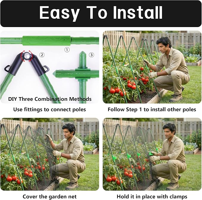 U0U Garden Mesh Netting Kit,7.8 x 24 Ft Ultra Fine Mesh Netting with Garden Hoops,Garden Netting Set for Raised Beds,Bird Netting Protection for Vegetable Plants Birds Animals Protection (Black)