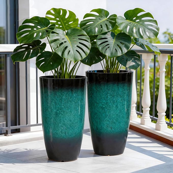 Autodaya 23.8" Tall Outdoor Planters Set of 2, Ceramic-Look Large Plastic Flower Pots with Drainage Holes, Gradient Turquoise Indoor Outdoor Plant Pots for Porch Patio Balcony Garden Home Decor